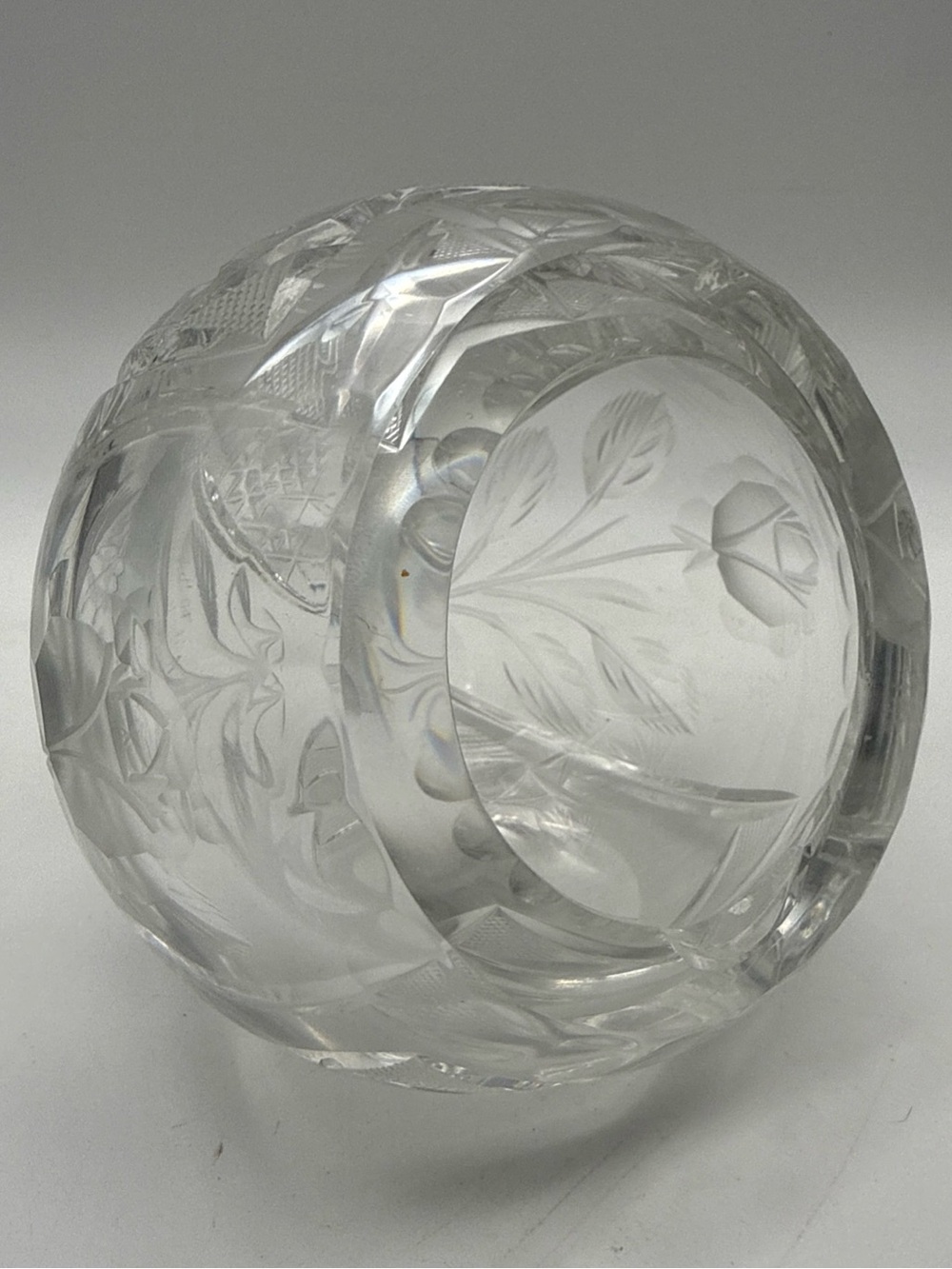 Antique Cut Glass Crystal Side Tilt Orb Ashtray Cigar Prism & Rose Signed Libbey